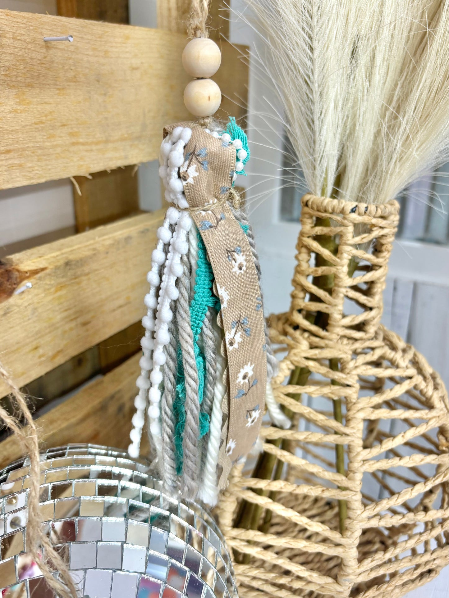 Tan checkered handmade Bible tassel by Harper Grace Design, versatile as a car charm or Bogg bag tassel accessory.