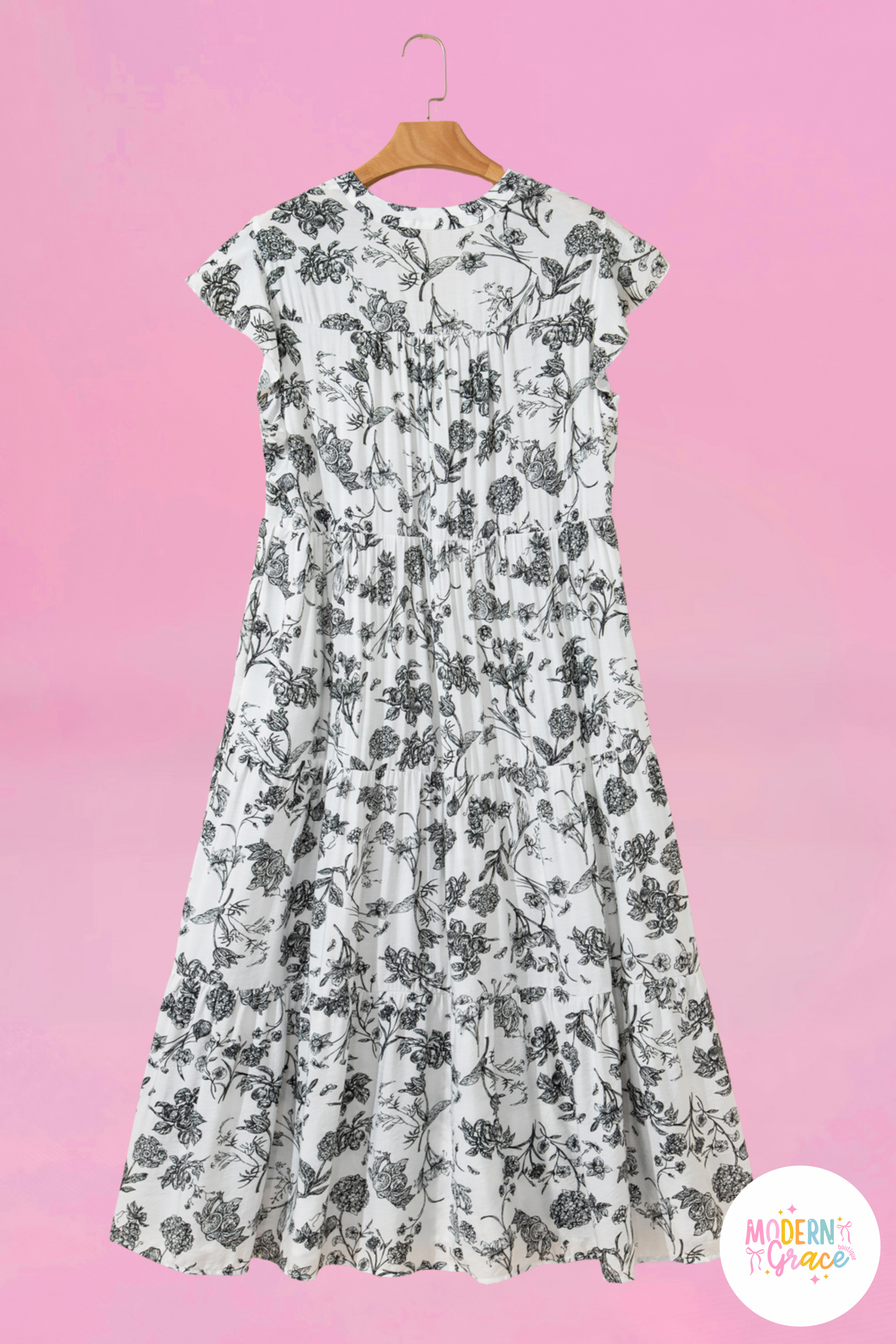 CURVY Black Floral Print Ruffle Sleeve Maxi Dress