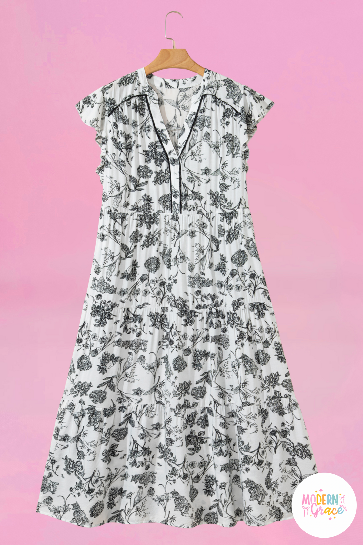 CURVY Black Floral Print Ruffle Sleeve Maxi Dress