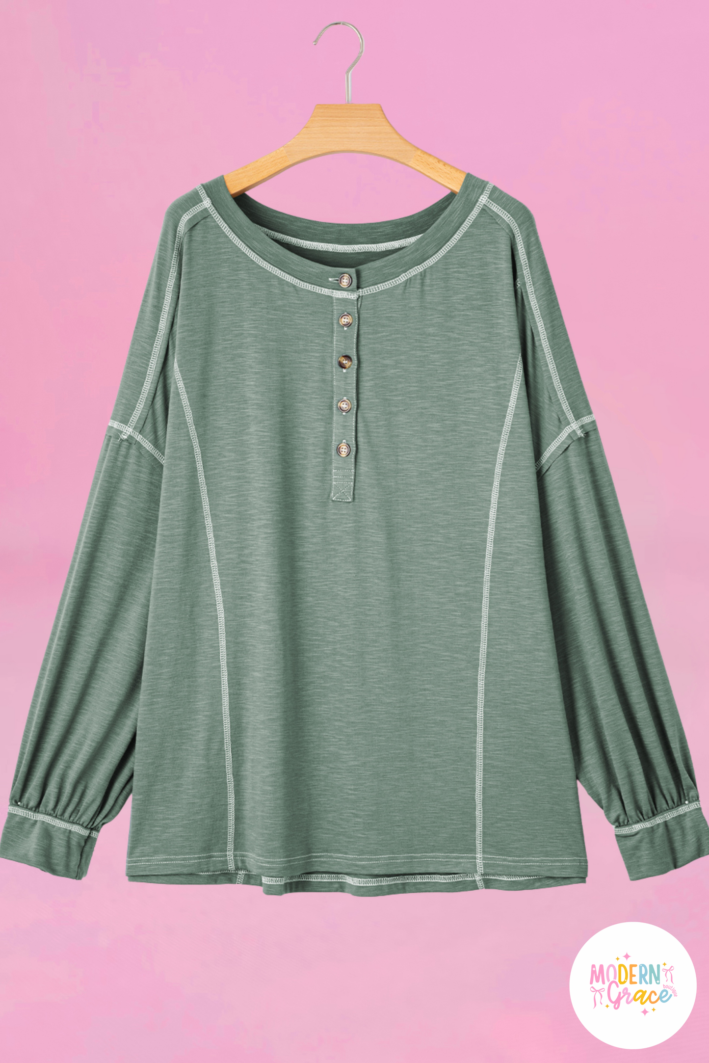 Curvy Seagrass Exposed Seam Drop Shoulder Henley Top