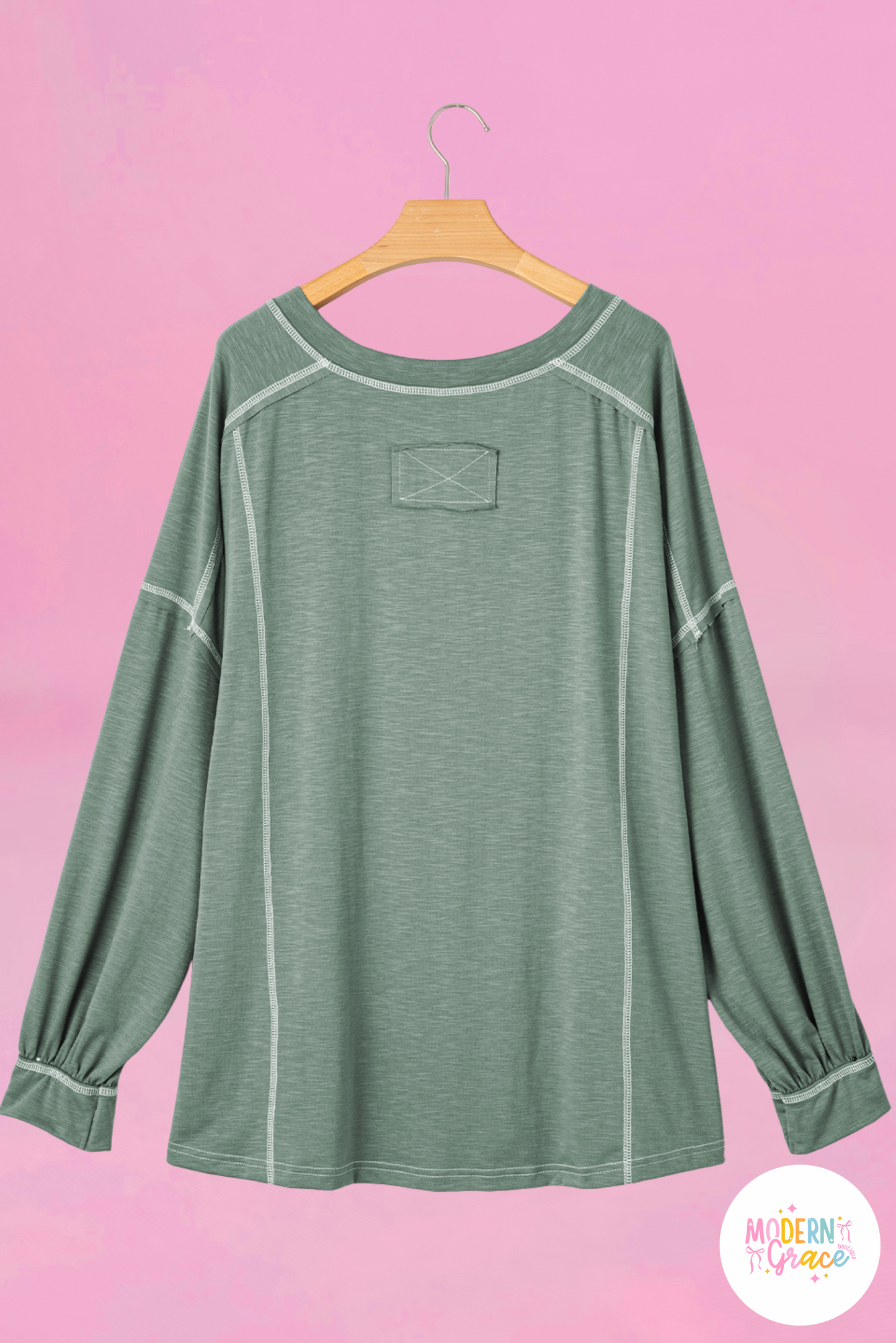 Curvy Seagrass Exposed Seam Drop Shoulder Henley Top