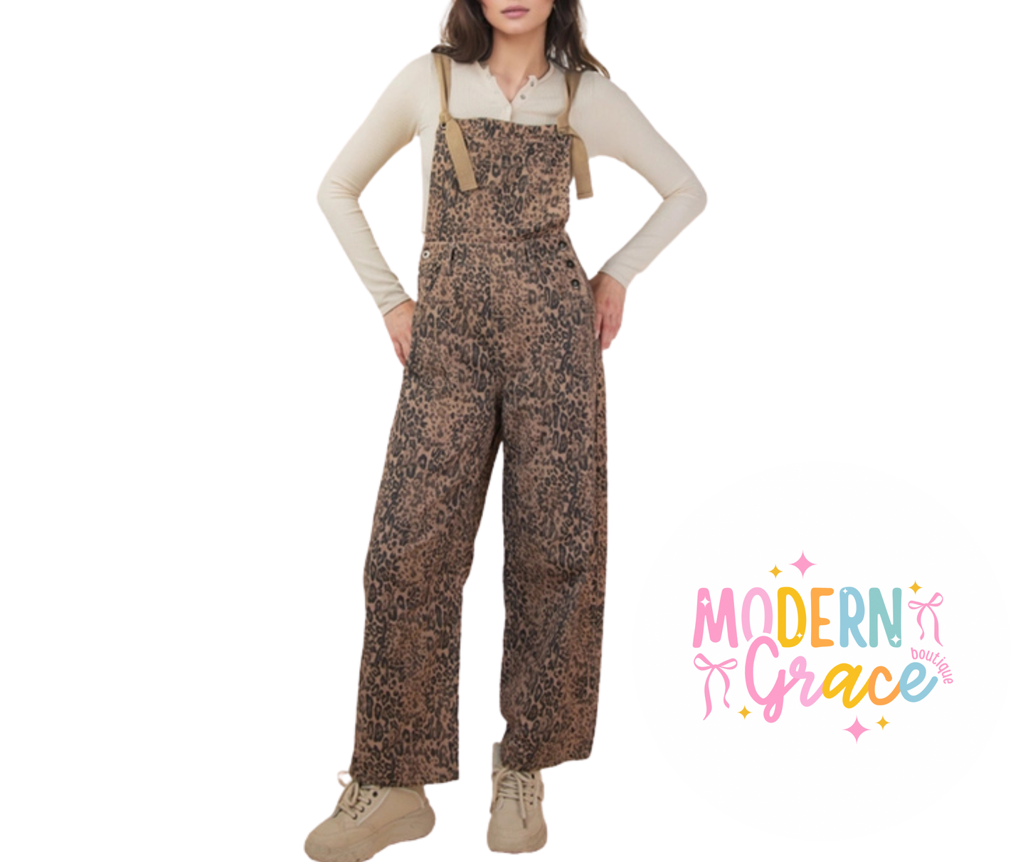 Leopard Print & Denim Barrel Leg Overalls