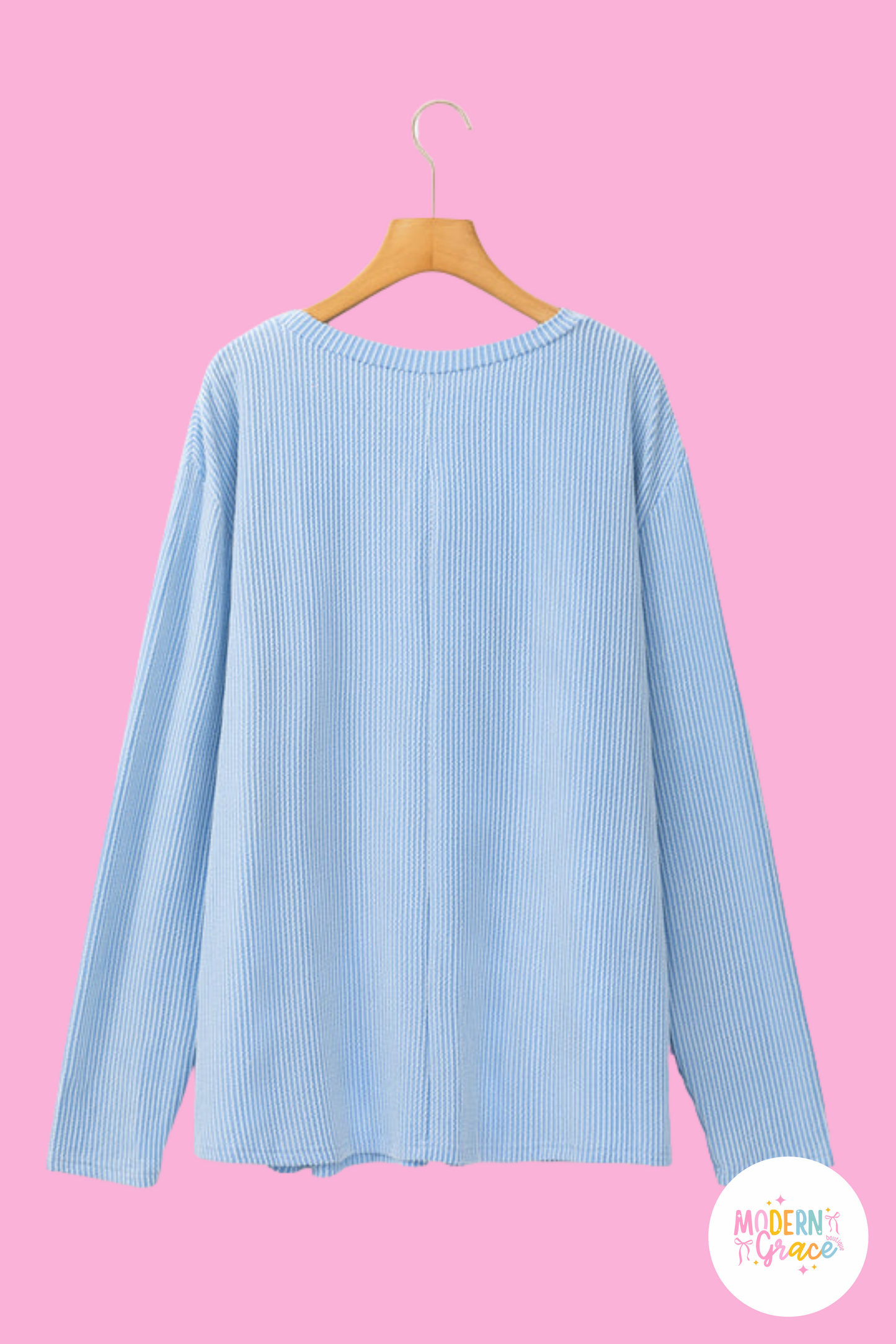 Curvy Light Blue Ribbed Textured Long Sleeve T Shirt (Warehouse Exclusives)
