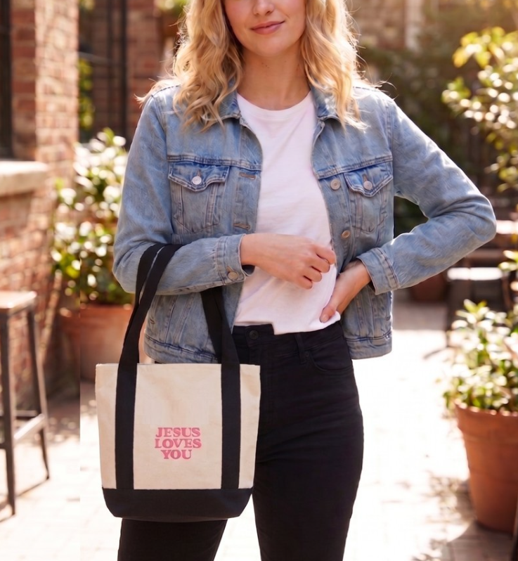 Black mini canvas tote bag with "Jesus Loves You" print by Modern Grace, featuring a compact, stylish design perfect for everyday use.
