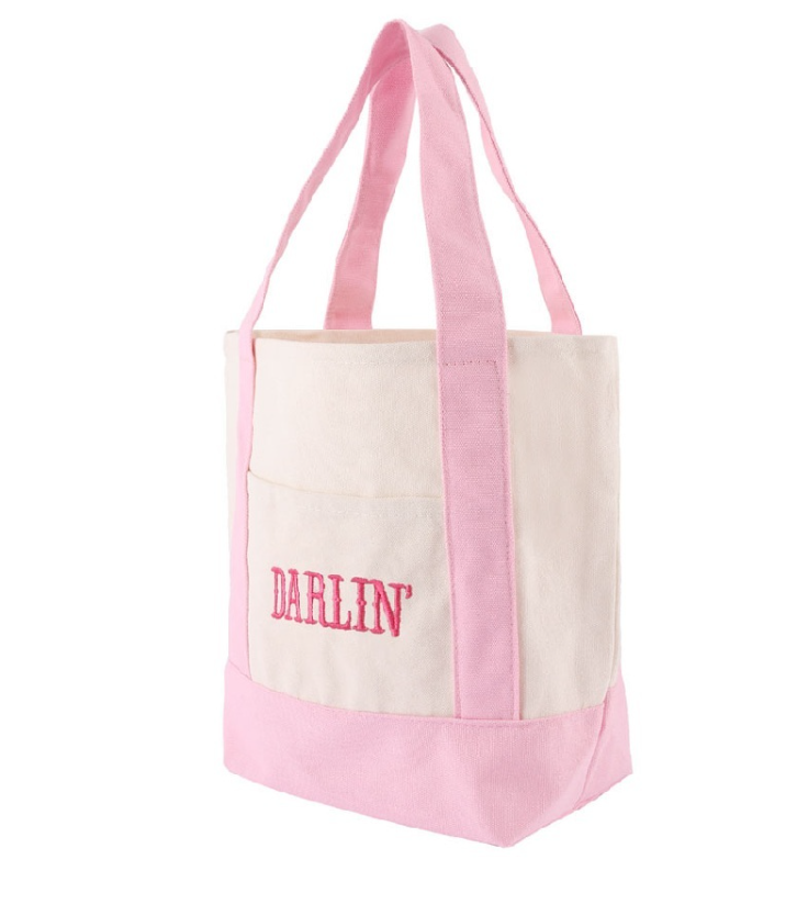 Pink Darlin Mini Canvas Tote Bag by Modern Grace, showing the small pink tote with canvas material and tote straps.