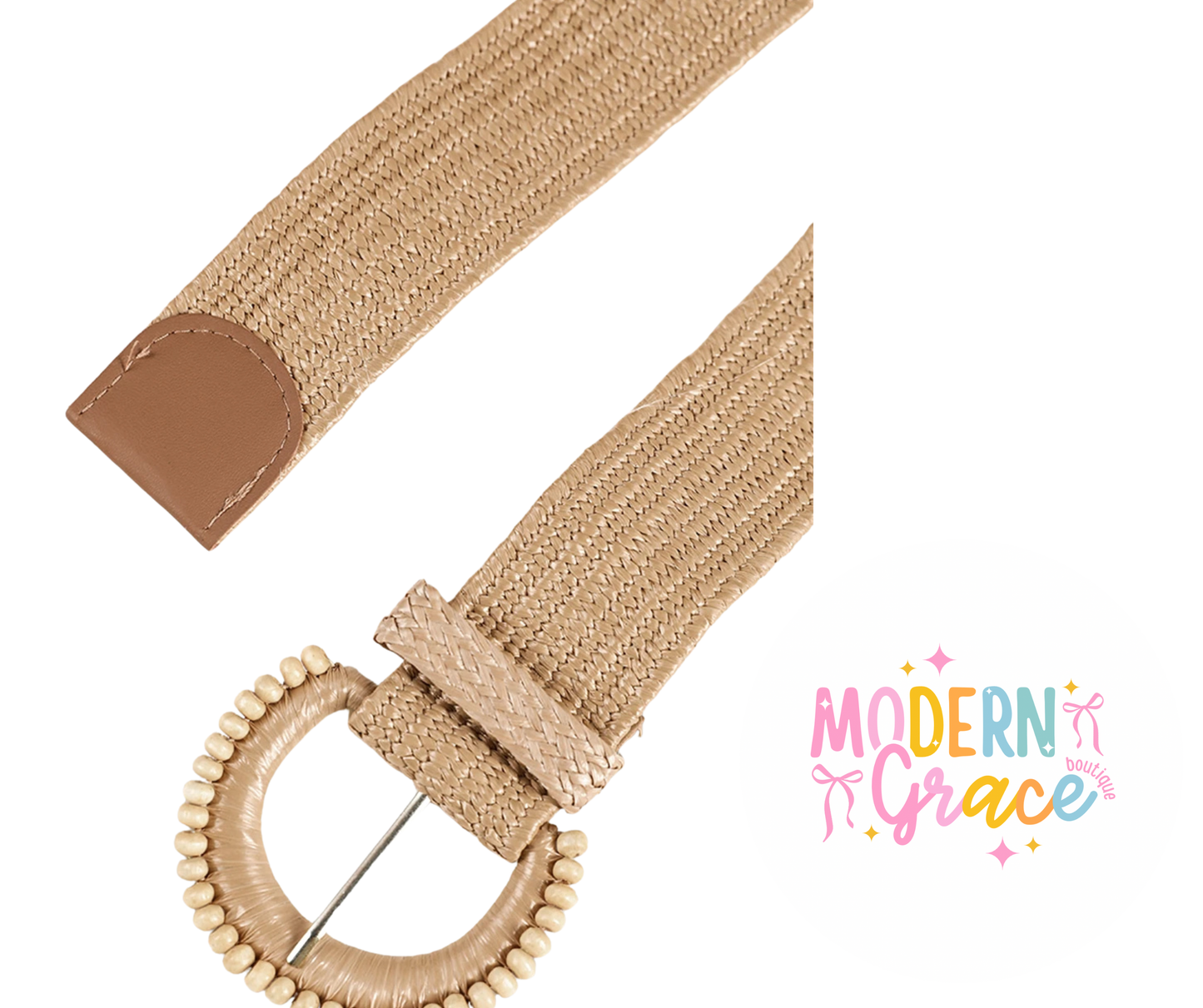Modern Grace boho belt featuring a woven design with tassel accents, displayed on a neutral background.