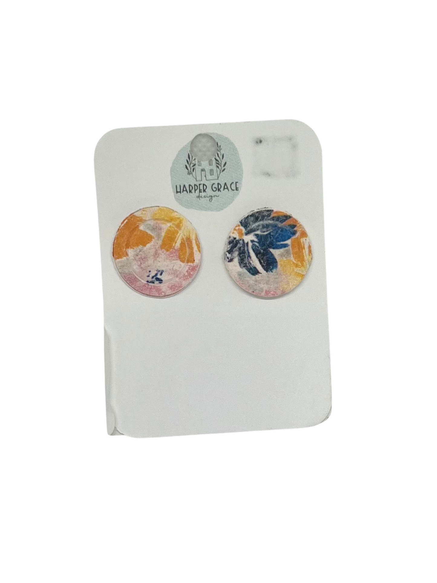 Modern Grace floral button earrings featuring vibrant, colorful flower designs on round metal studs for a stylish accessory.