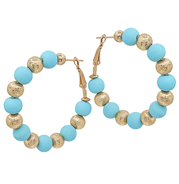 Light blue satin and clay ball mix hoops earrings by Modern Grace, featuring a stylish combination of satin finish and clay beads.