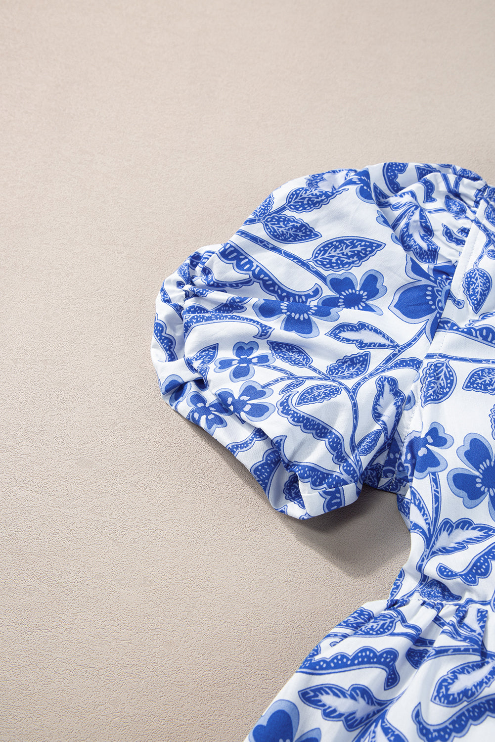 Blue flower print puff sleeve tiered dress by Modern Grace, featuring a flowing design and floral pattern perfect for casual wear