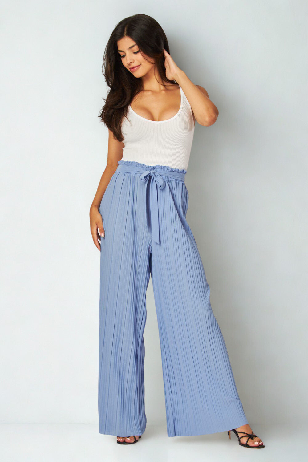 Modern Grace chambray blue tie-front pleated pants with a relaxed fit and stylish design, perfect for casual or office wear.
