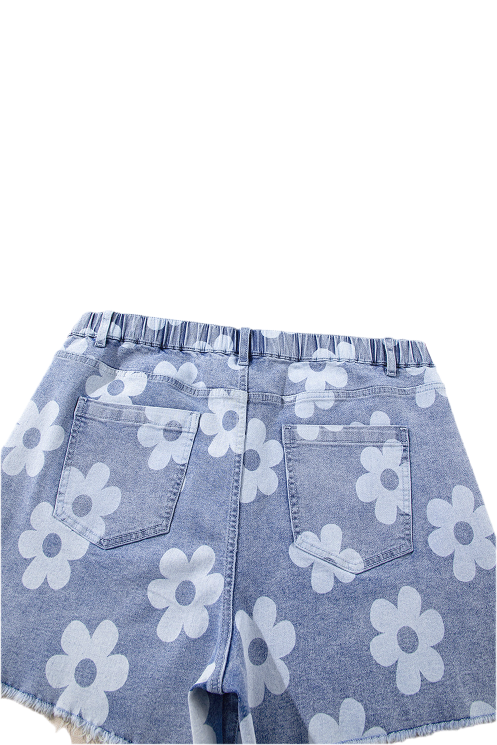 Modern Grace Ashleigh blue floral high waist plus size denim shorts with raw hem, made of cotton, polyester, and elastane, warehouse exclusives