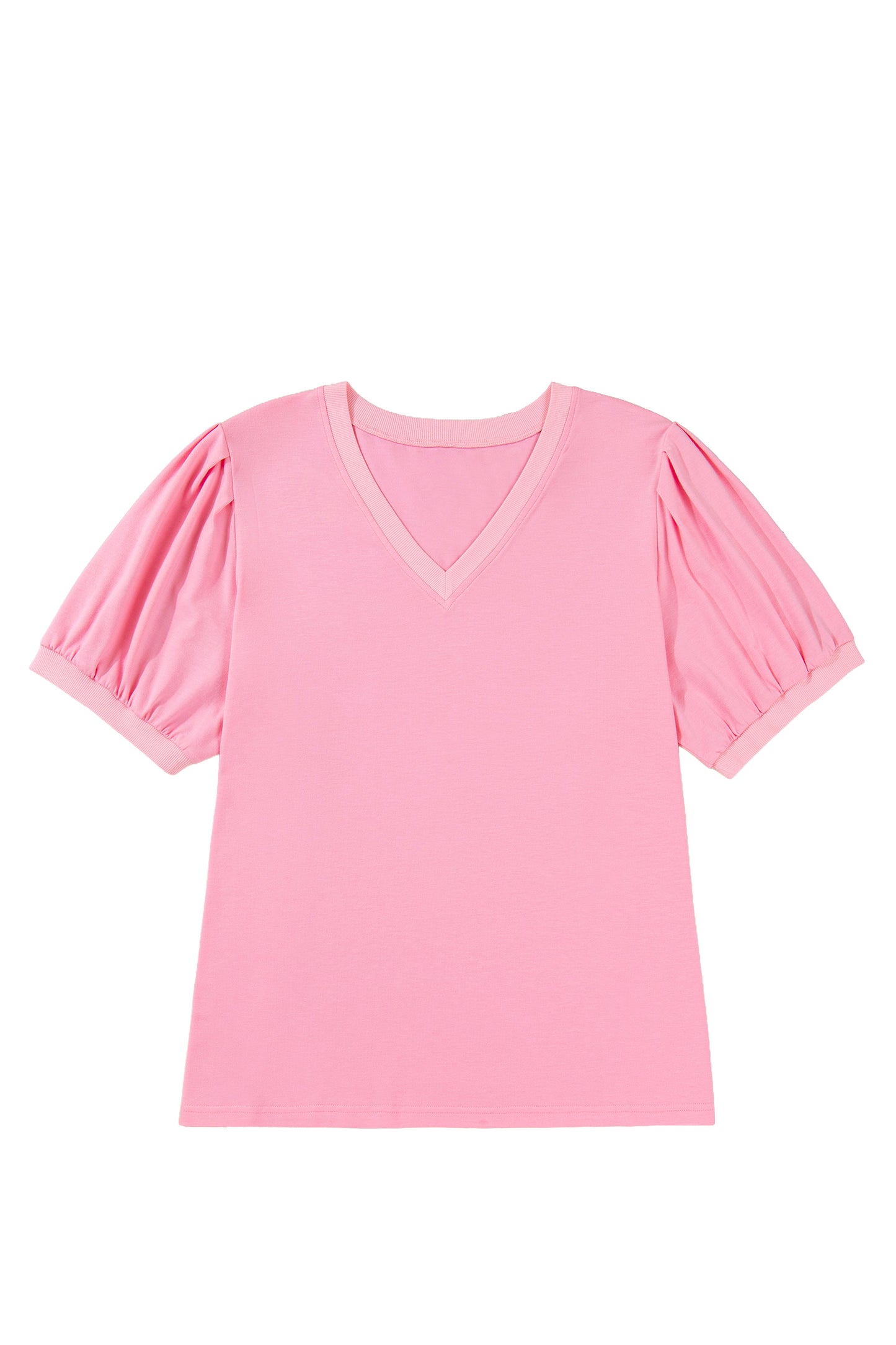 Modern Grace plus size Bonbon V-neck pleated blouse with short puff sleeves, made of polyester, cotton, and elastane.