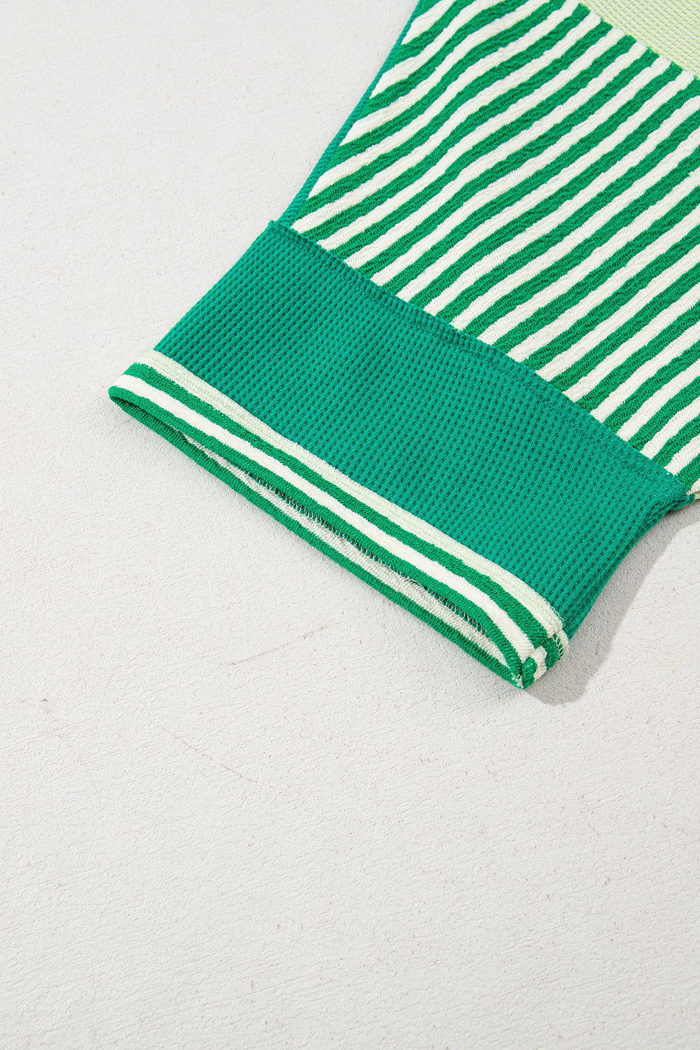 Modern Grace green stripe patchwork plus size T-shirt with colorblock design, polyester and cotton fabric, warehouse exclusive.