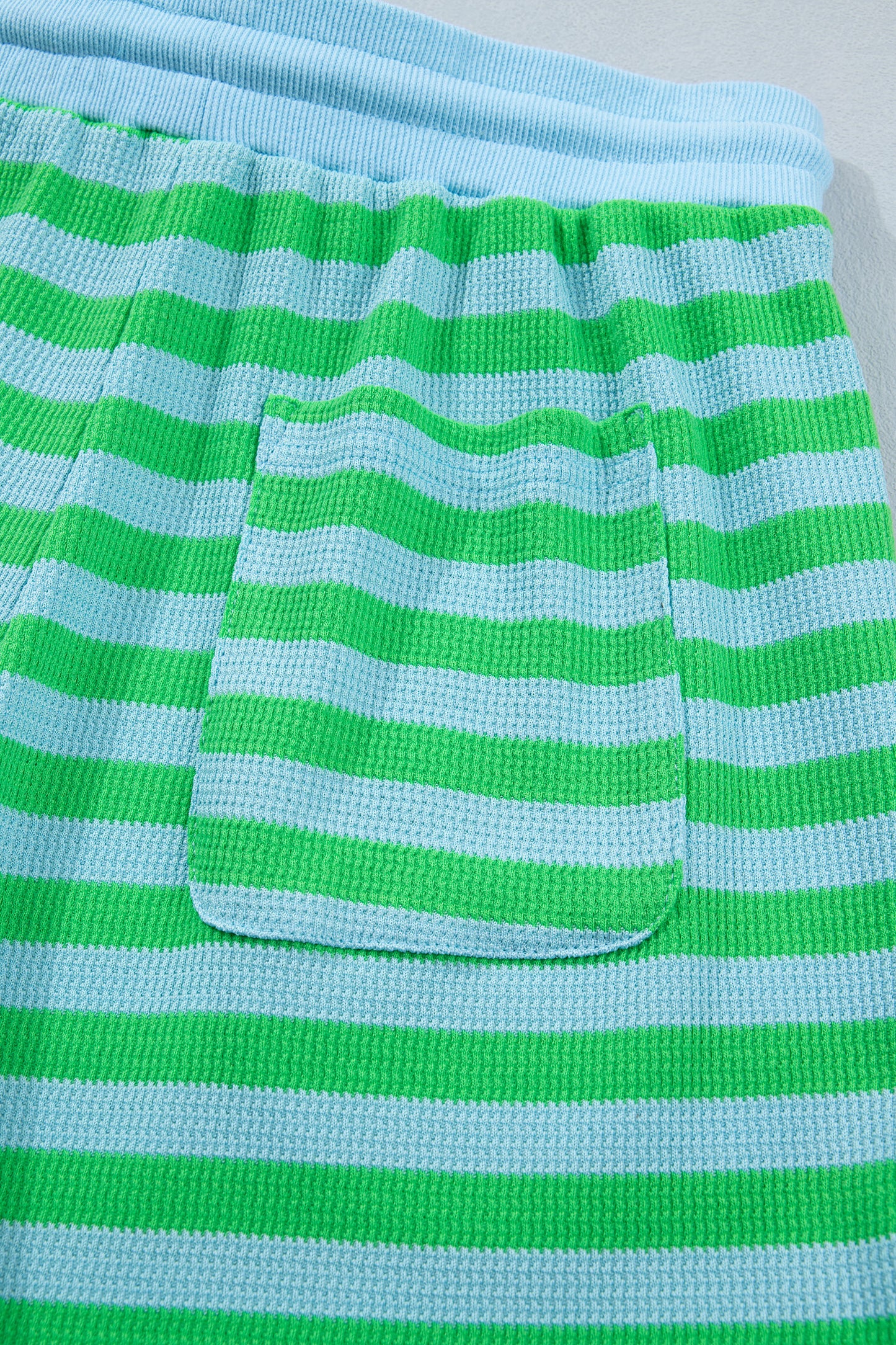 Modern Grace green stripe puff short sleeve T-shirt and matching shorts set, two-piece summer outfit for women.