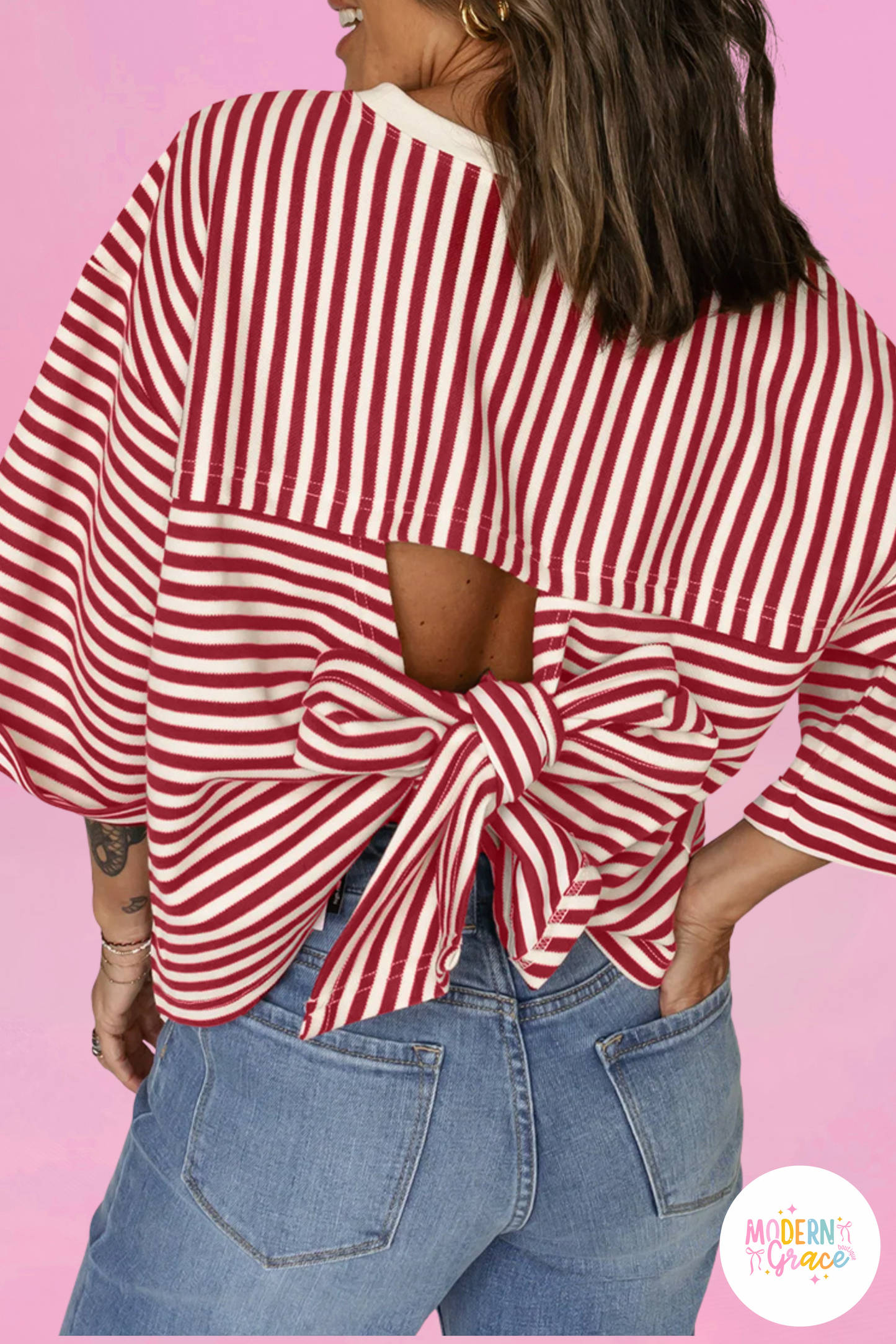 Red Stripe Bowknot Cutout Back Drop Shoulder Wide Bracelet Sleeve Loose Tee