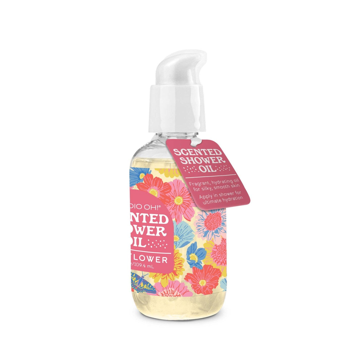 Studio Oh! Butterfly Blossoms Scented Shower Oil for bath and body, showing a sleek bottle with floral butterfly design.