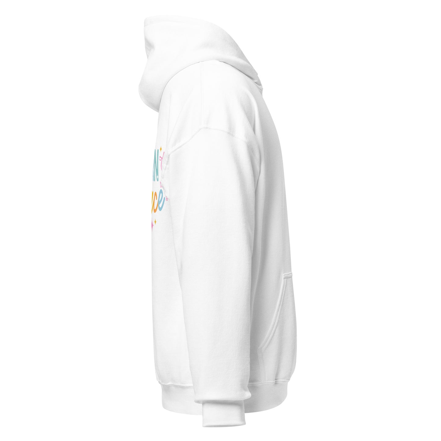 White Modern Grace unisex hoodie with logo, soft heavy blend fabric, shown from the right side in the product image.