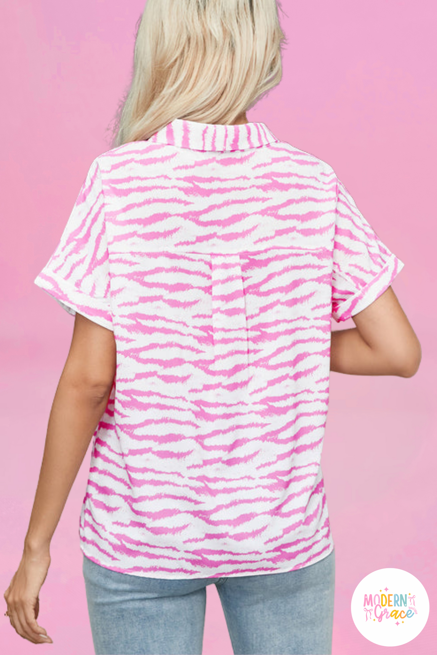 Rose Zebra Pattern V Neck Short Sleeve Blouse