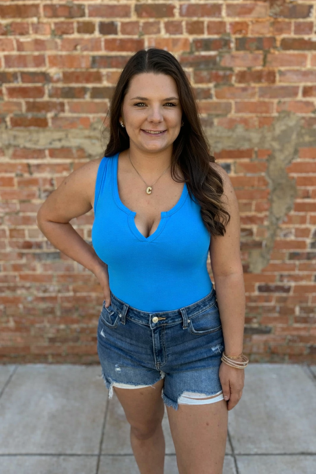 Sky Blue Microfiber Split Neck Bodysuit