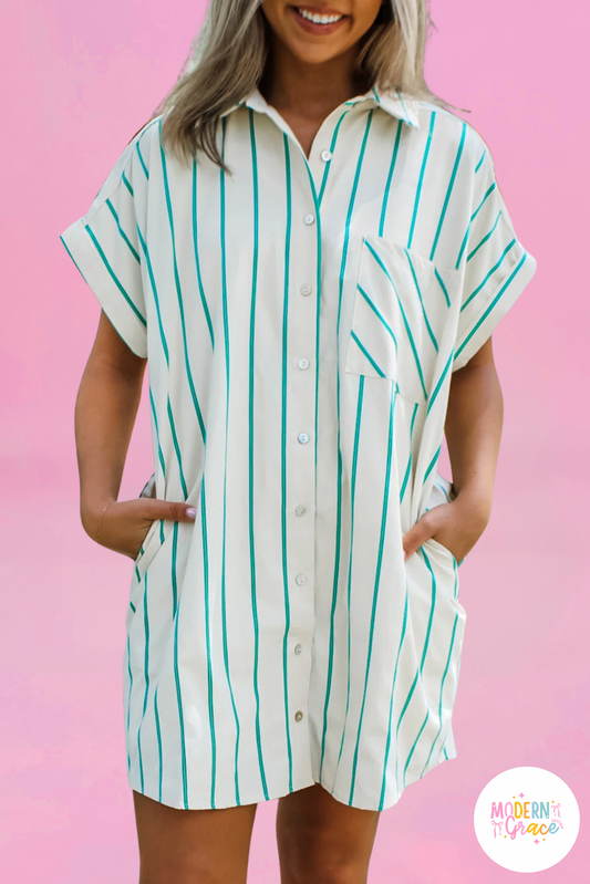 Mint Green Striped Wide Short Sleeve Shift Mini Shirt Dress (Warehouse Exclusives)