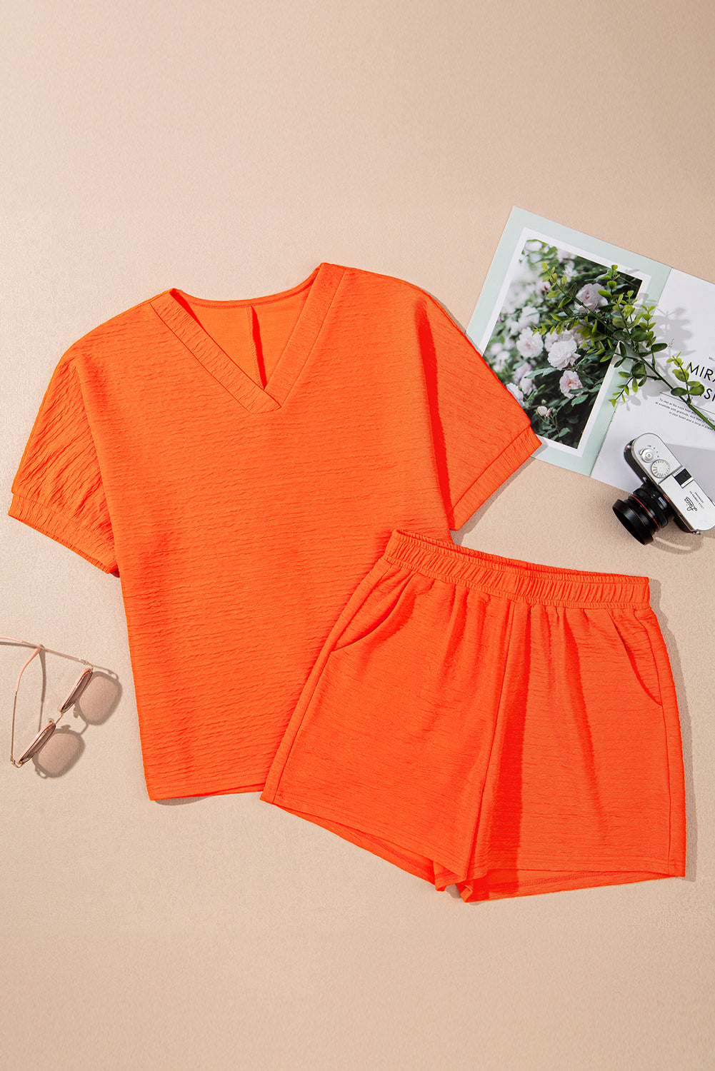 Orange Textured V Neck T Shirt and Shorts Set (Warehouse Exclusives)
