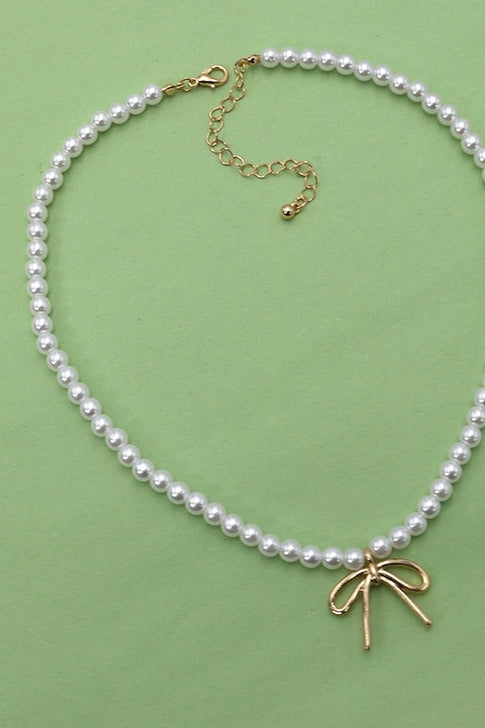 Pearl Chain Bow Charm Necklace