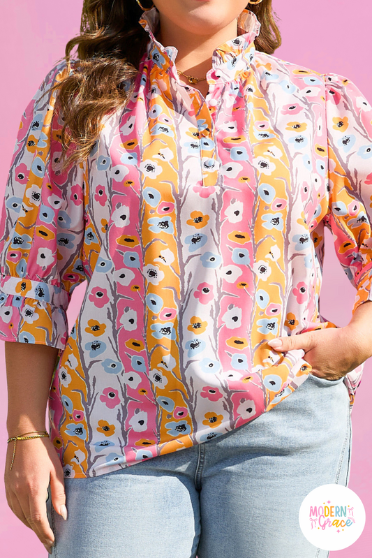 Pink Floral Ruffled Collar Bracelet Sleeve Plus Size Blouse Top (Warehouse Exclusives)