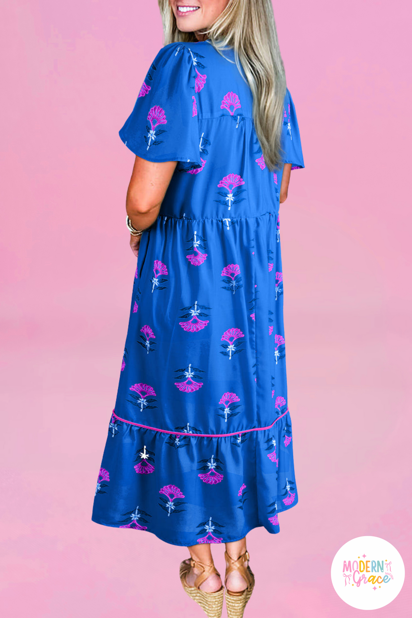 Blue Floral Print Notched Neck Butterfly Sleeve Shift Long Dress (Warehouse Exclusives)
