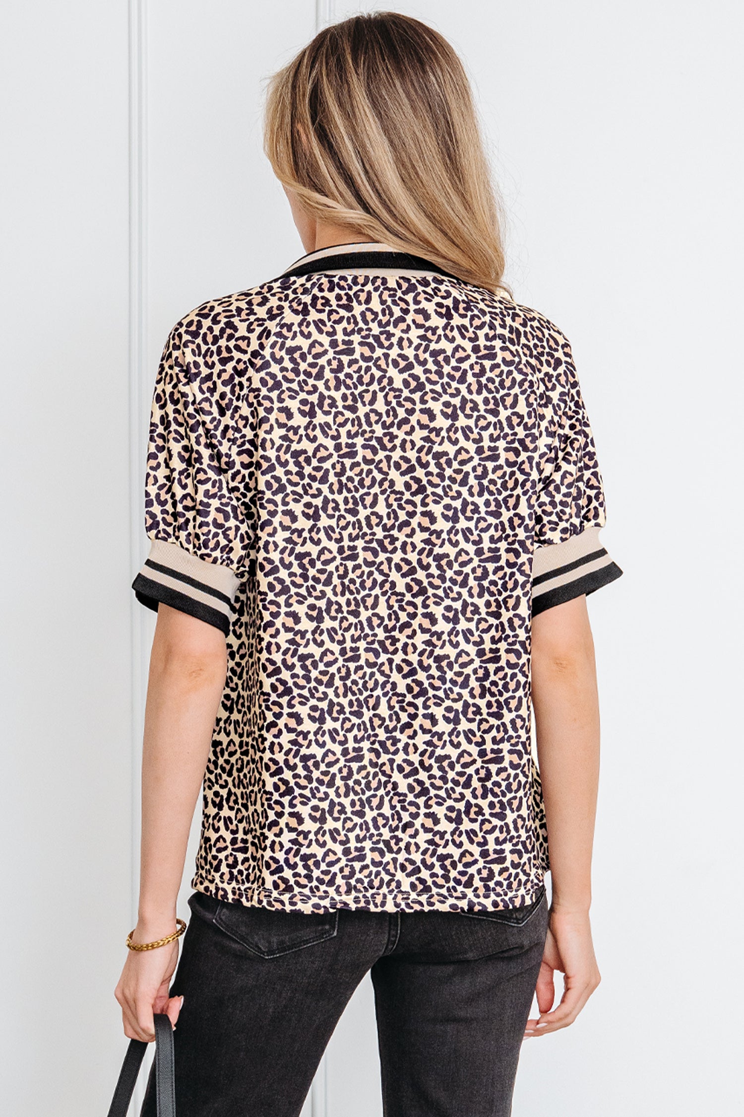 Modern Grace brown leopard print half zip short sleeve top with striped trim and patchwork details, casual blouse for everyday wear.