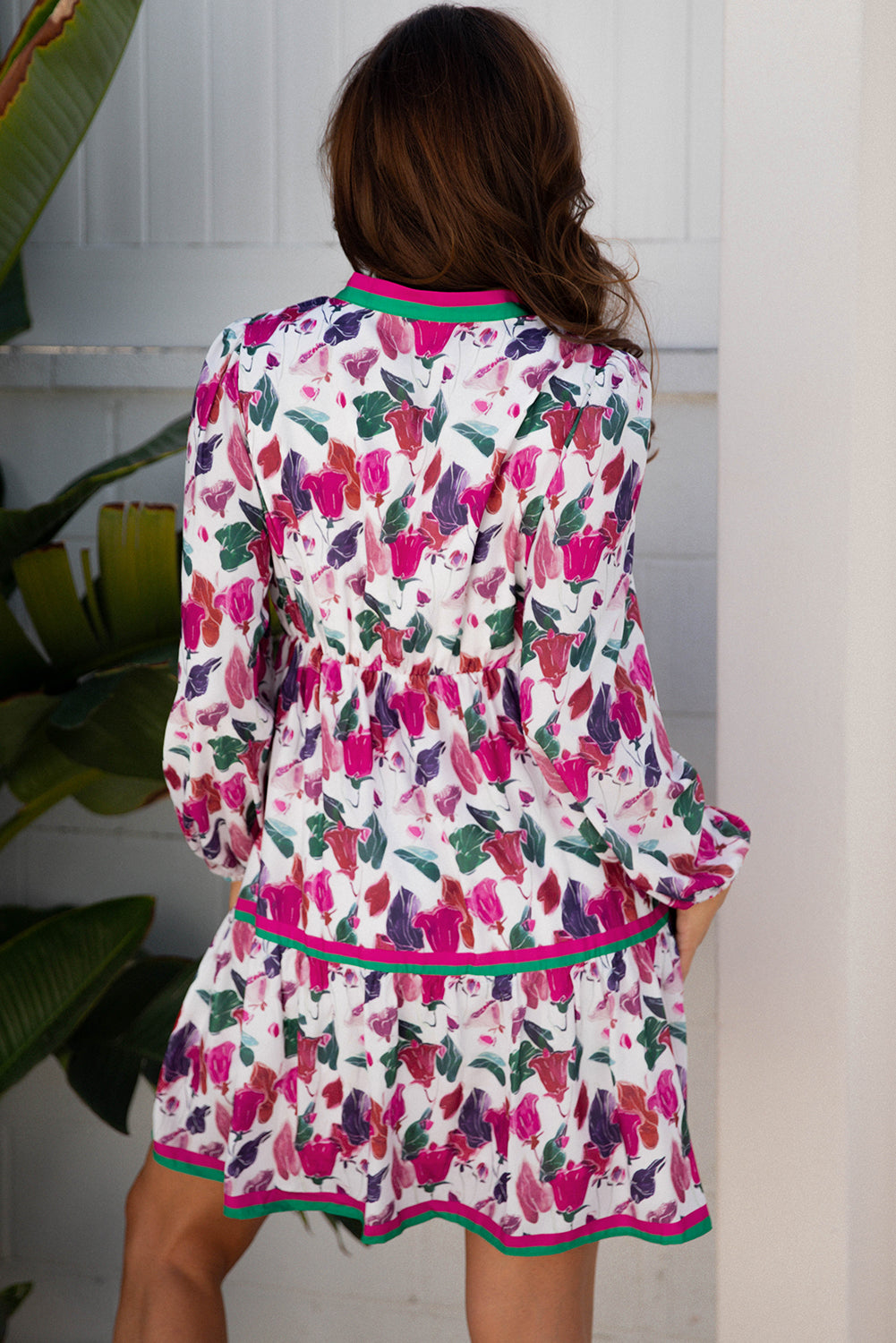 Purple Floral Print Contrast Striped Detail Long Sleeve Mini Dress (Warehouse Exclusives - Online only!)