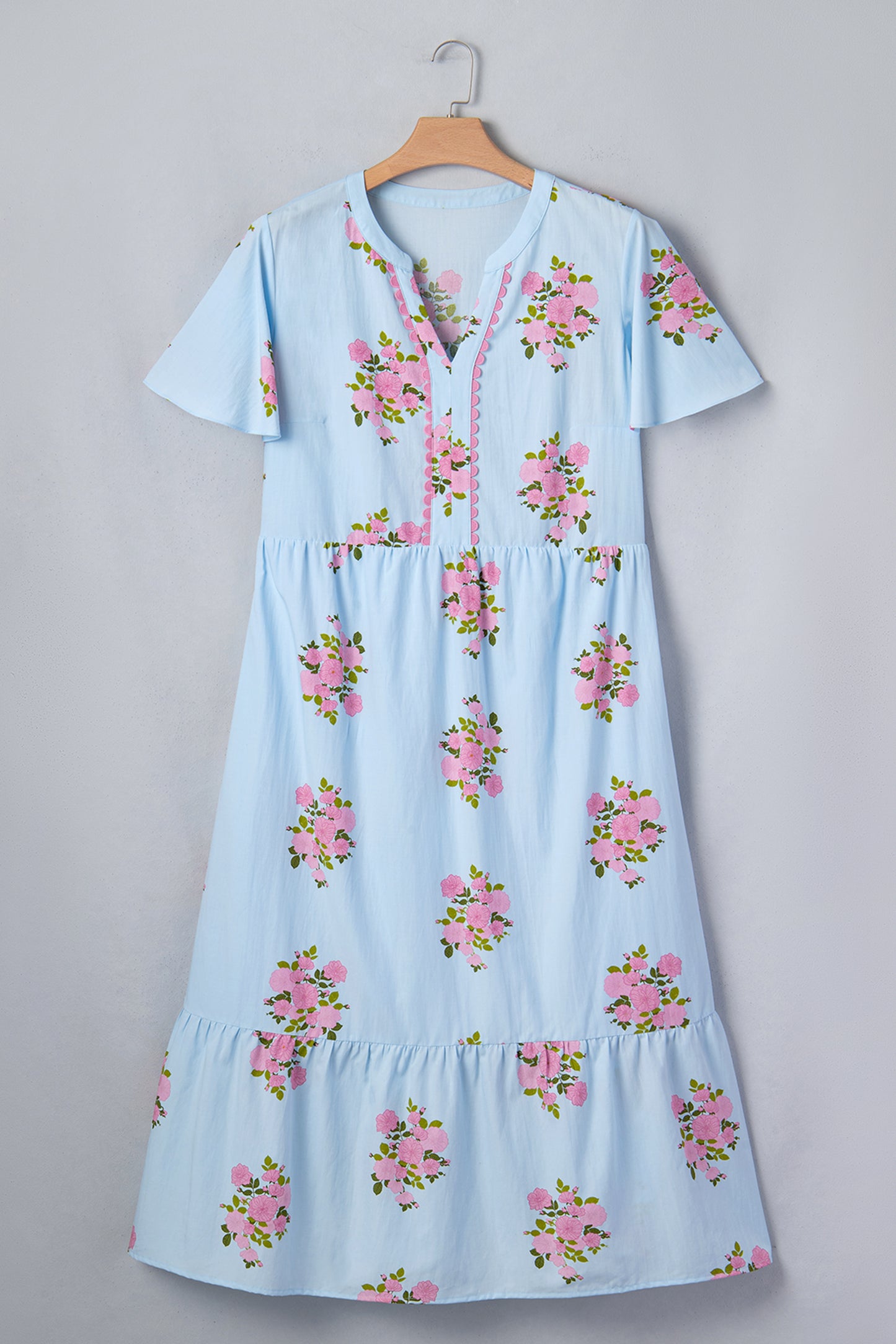 Sky Blue Plus Size Floral Print Scalloped Trim V-Neck Dress
