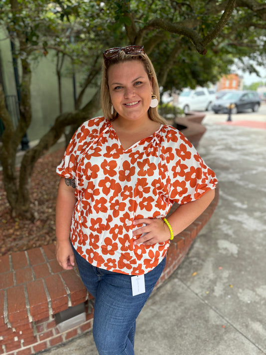 CURVY BURNT ORANGE FLORAL PRINT BLOUSE