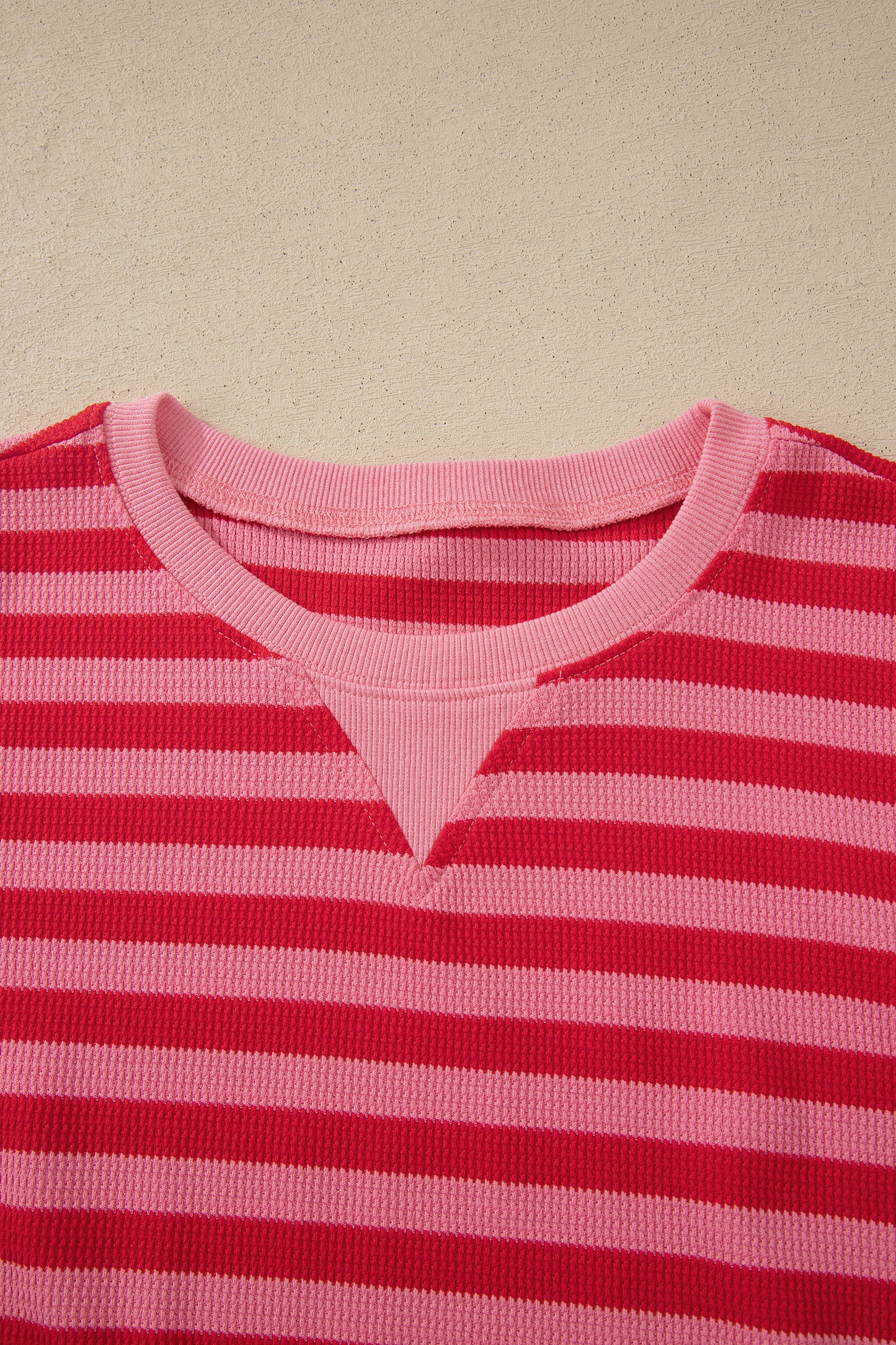 Modern Grace red stripe waffle knit puff sleeve top and shorts set, stylish two-piece outfit with a cozy, casual look.