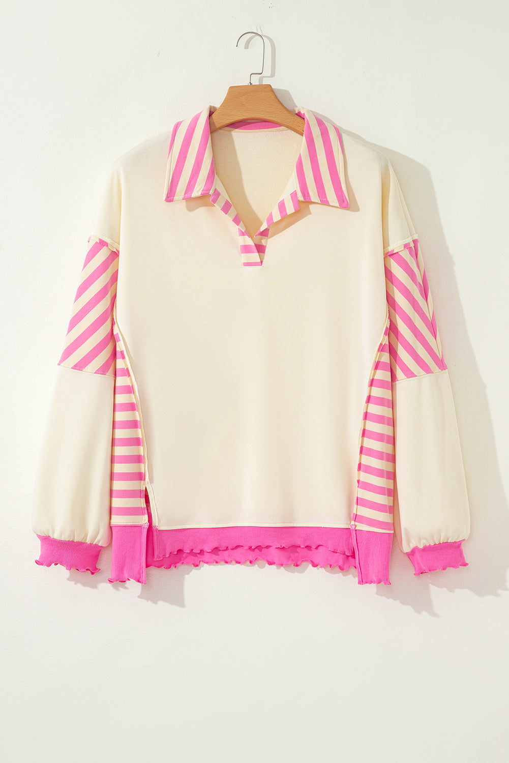 Plus size pink stripe polo collar drop shoulder sweatshirt by Modern Grace, featuring a stylishly curved fit and comfortable fabric.