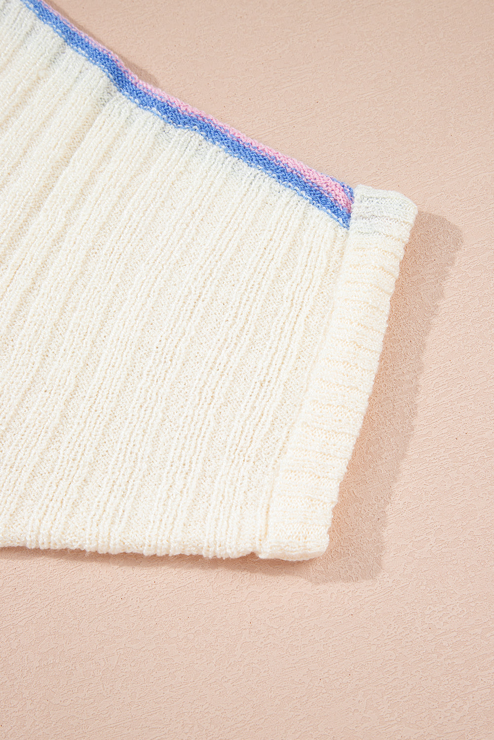 White Striped V Neck Dolman Sleeve Rib Knit Oversized Sweater with Slits (Warehouse Exclusives)