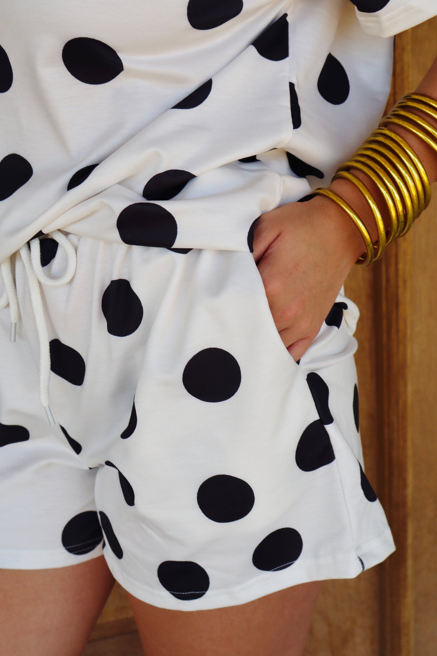 Polka Dot Print Loose Tee Drawstring Elastic Waist 2 Piece Short Set
