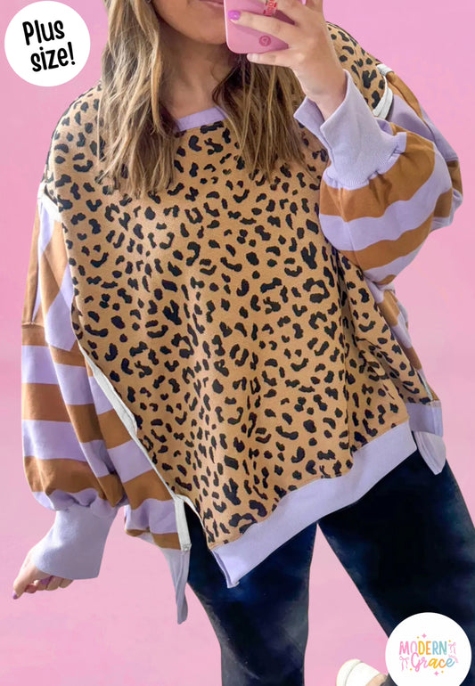 Plus Size Purple Leopard Striped Patchwork Loose Sweatshirt (Warehouse Exclusives - Online only!)