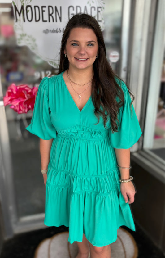 Jade Green Balloon Sleeve Tiered Dress
