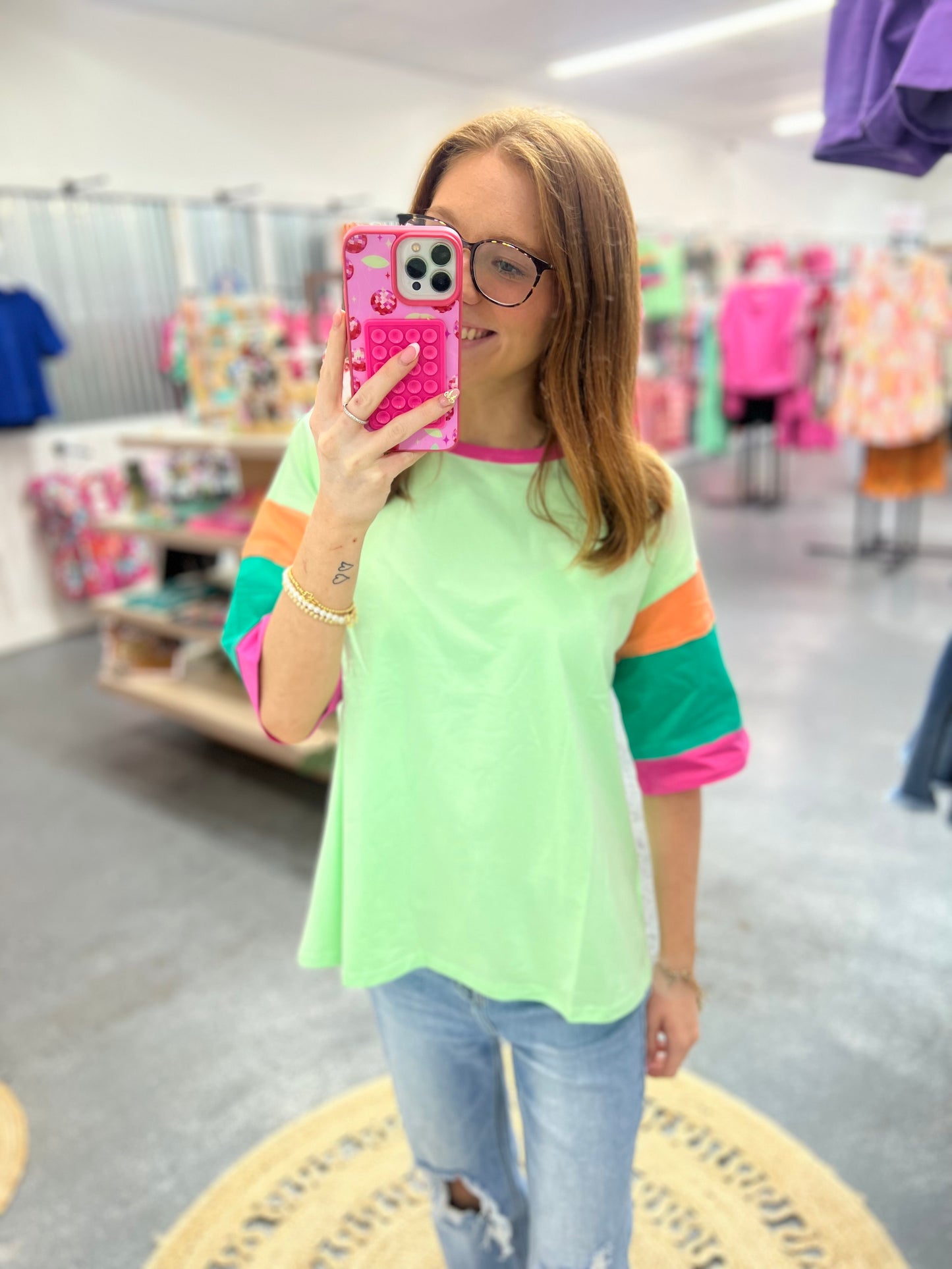 Green Color Block Stitching Sleeve Round Neck Oversize Top