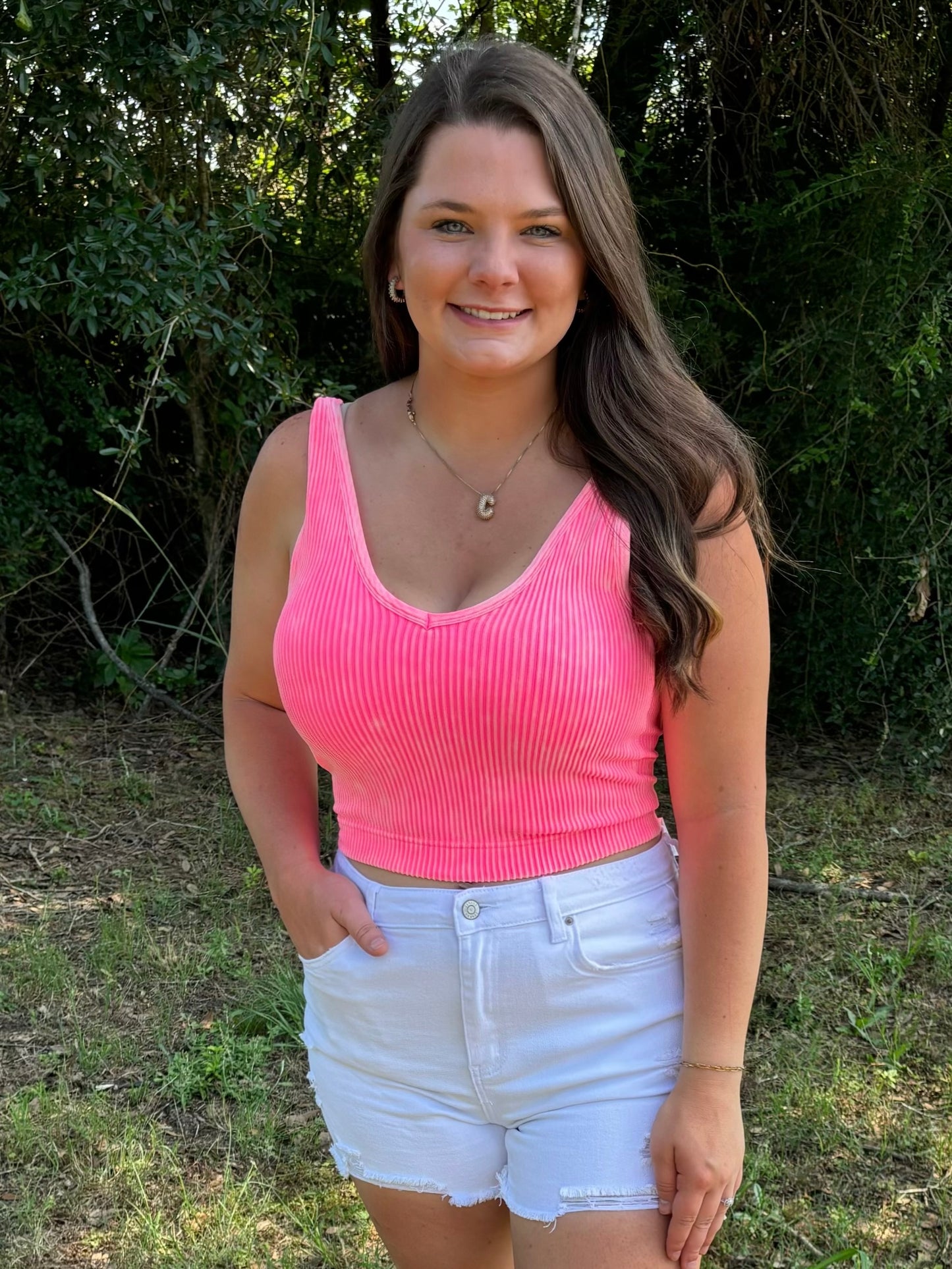 Neon Corral Washed Ribbed Seamless Bra Padded V-Neck Tank Top