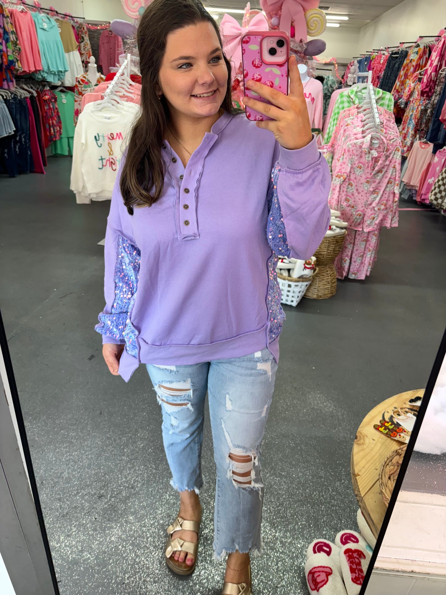 Purple Sequin Patchwork High Low Hem Henley Sweatshirt