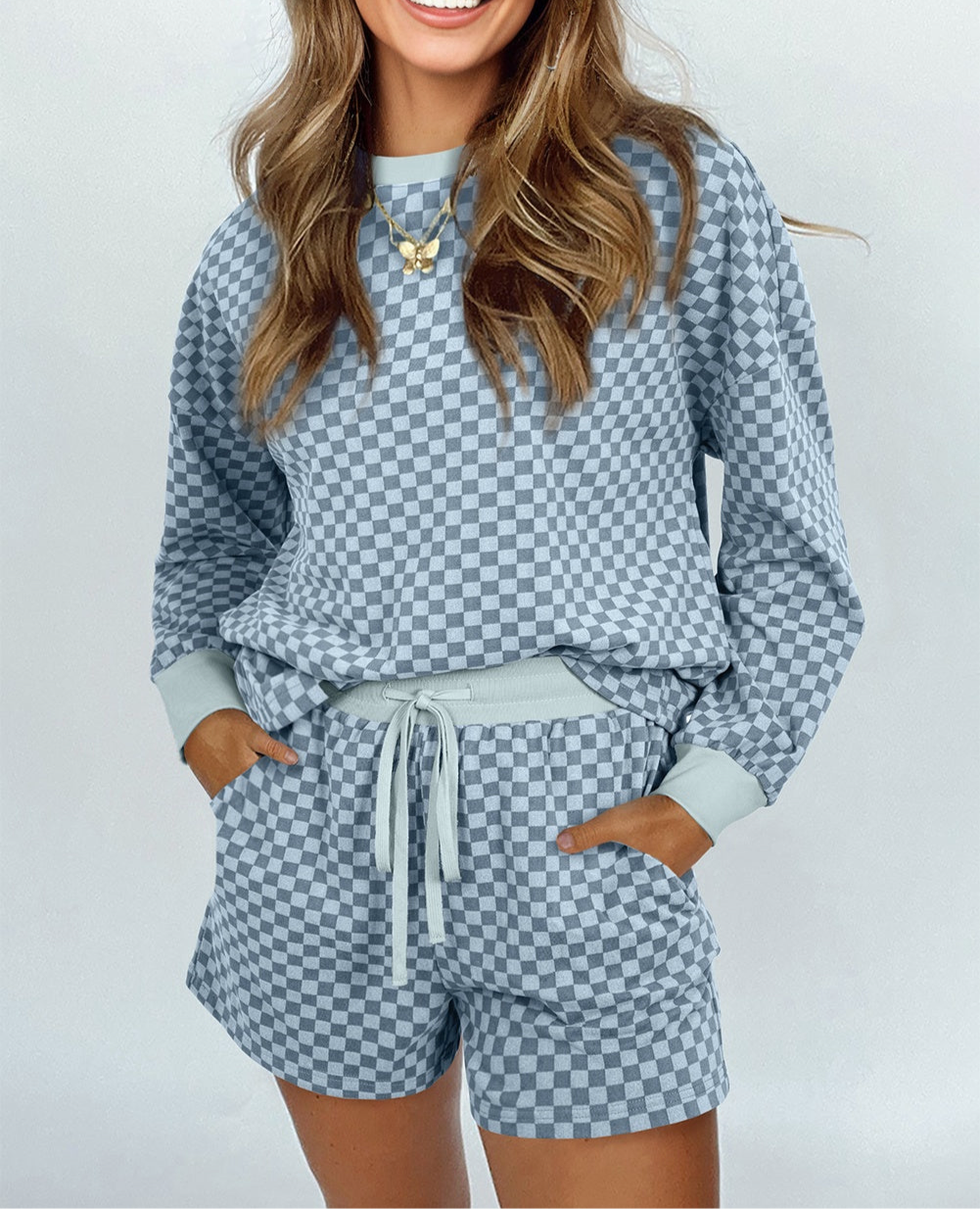 Blue Checkerboard Long Sleeve Pullover and Shorts Set (Warehouse Exclusive)