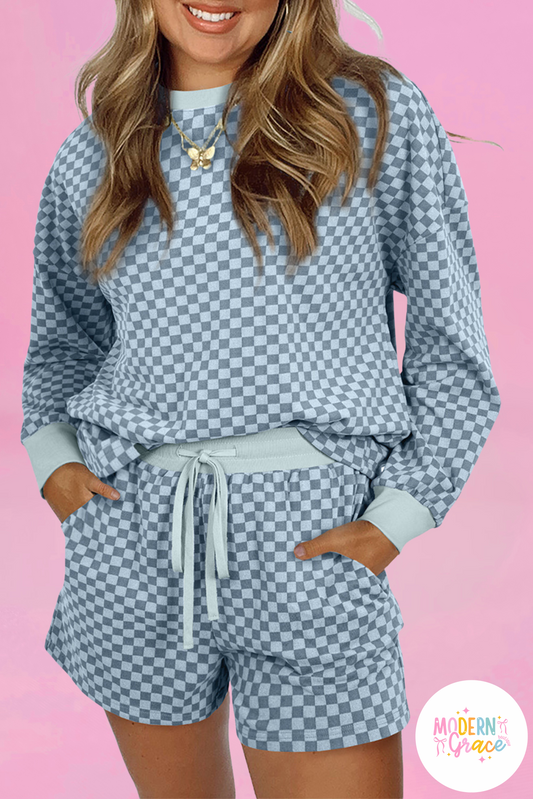Blue Checkerboard Long Sleeve Pullover and Shorts Set (Warehouse Exclusive)