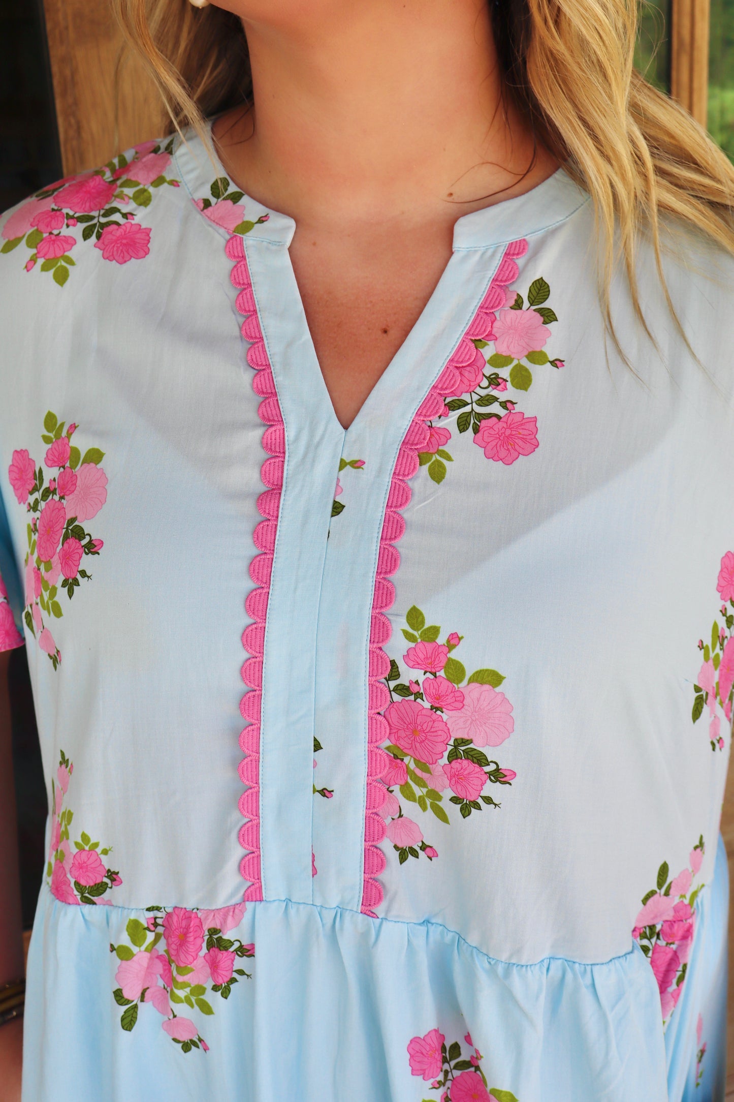 Sky Blue Plus Size Floral Print Scalloped Trim V-Neck Dress