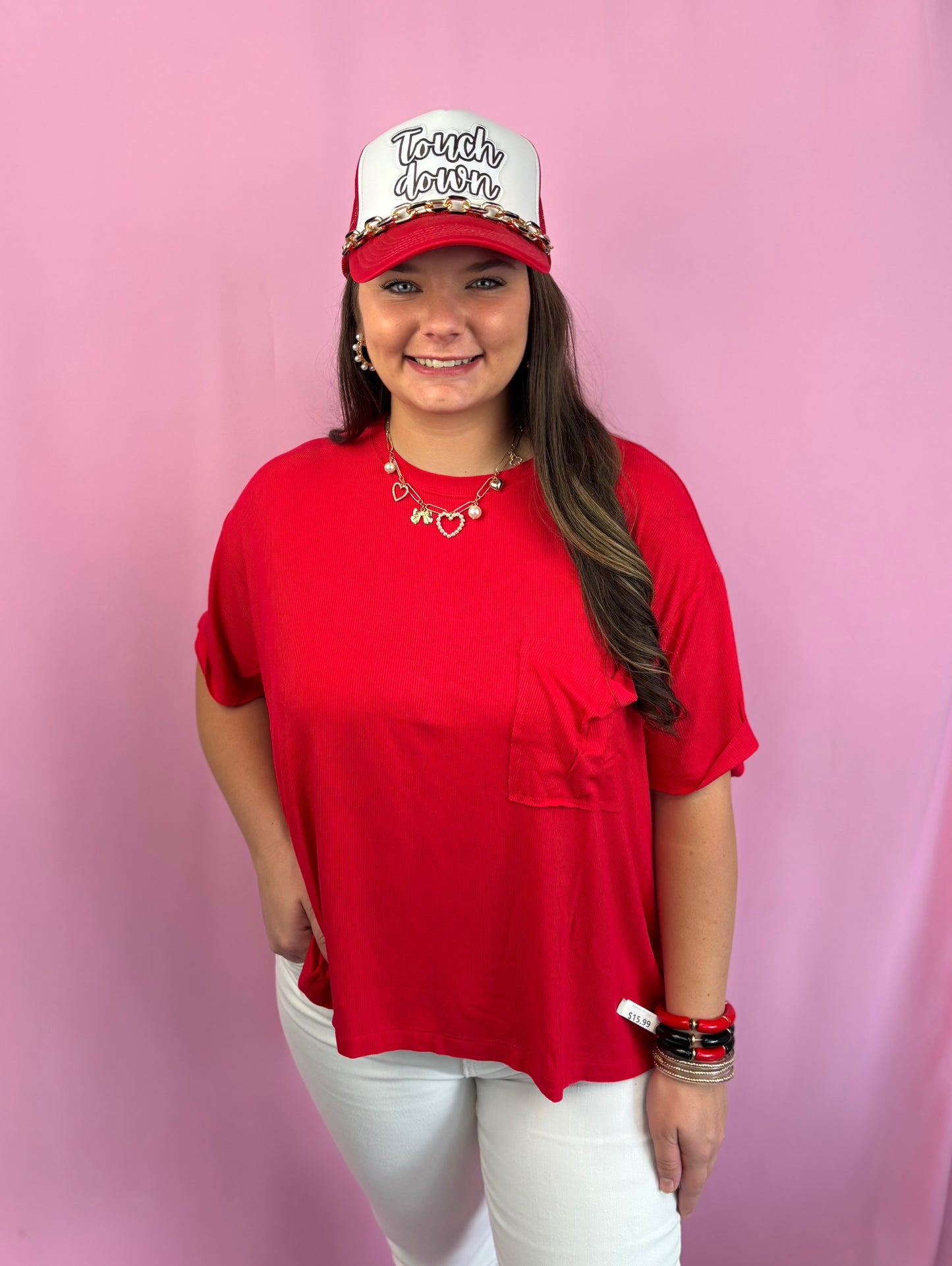 Red Oversized Ribbed Round Neck Short Sleeve Tee
