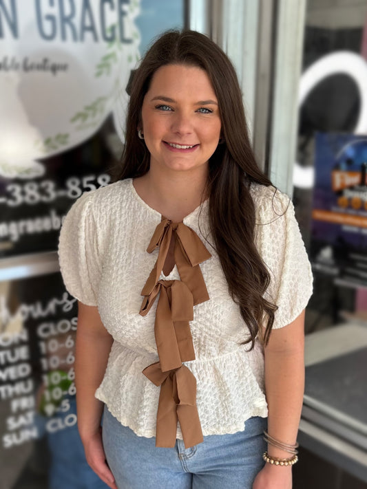 Front Bow Detail Short Sleeve Puffer Knit Top