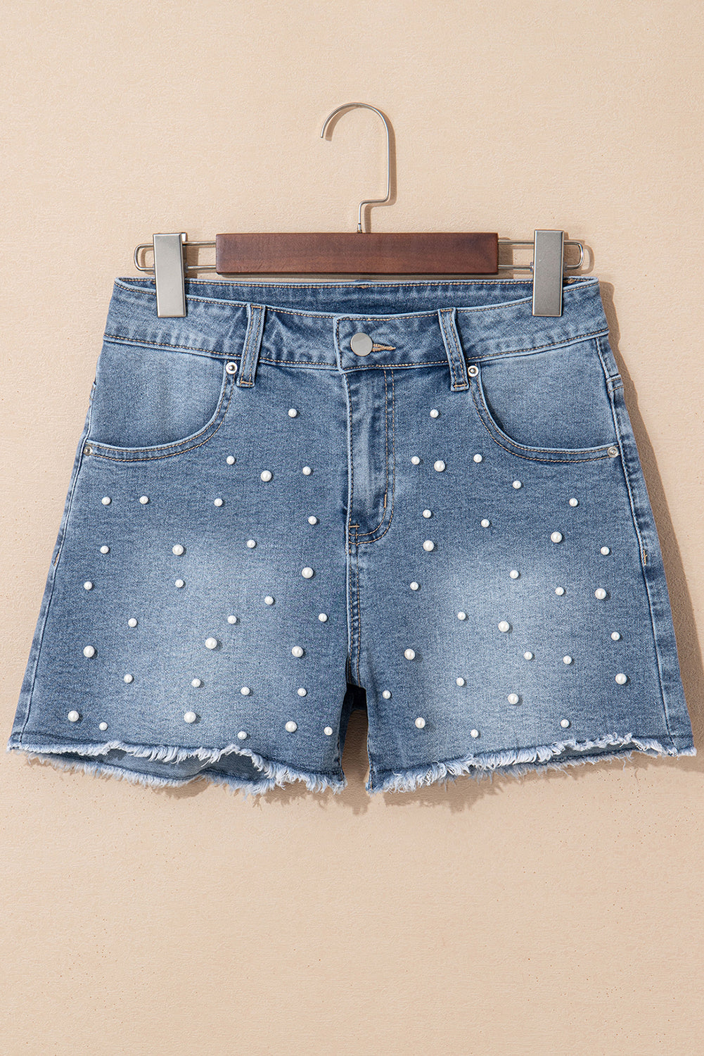 Pearl Beaded Medium Wash Denim Shorts