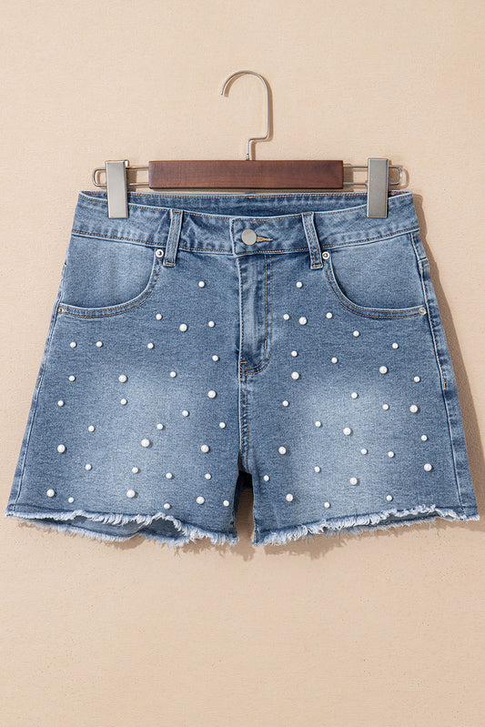 Pearl Beaded Medium Wash Denim Shorts