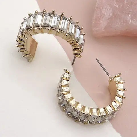 Classic Baguette Rhinestone Hoop Earring