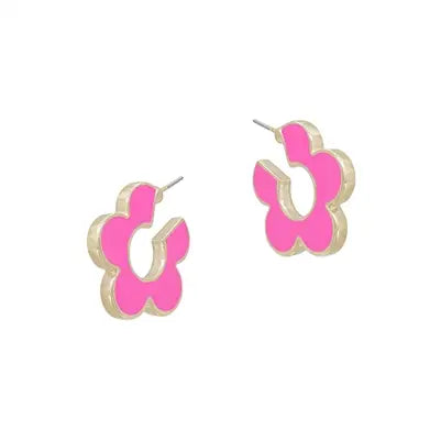 Hot pink coated metal flower huggie hoop earring from What's Hot jewelry, small 0.5-inch diameter with floral design.